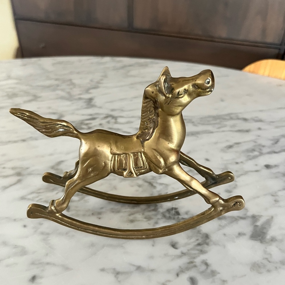 Vintage Solid Brass Rocking Horse Metal Figurine Equestrian Home Decor Statue